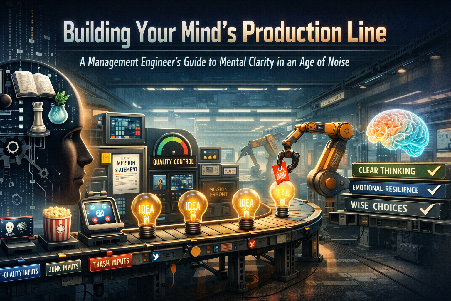 Concept art of a mind organized like a high-tech clean production line, filtering noise into clarity