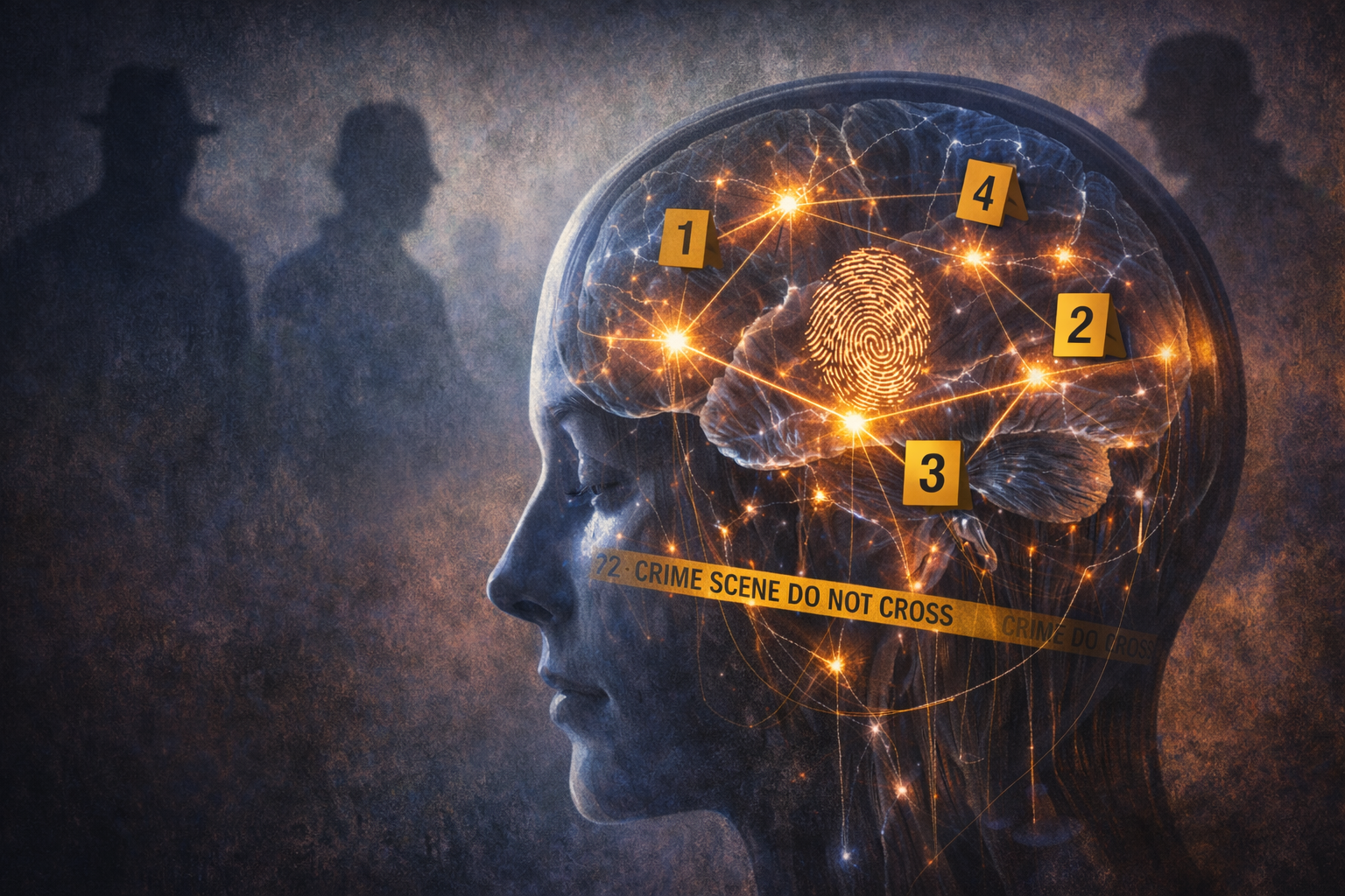 Mind as crime scene - transparent head with neural network, fingerprint, and evidence markers labeled 1-4 with crime scene tape