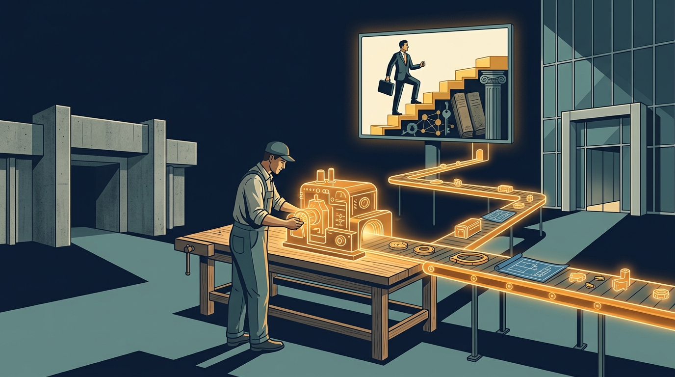 A worker operates a glowing machine at a workbench as a conveyor carries its output toward a corporate building beneath a billboard of a businessman climbing golden stairs.