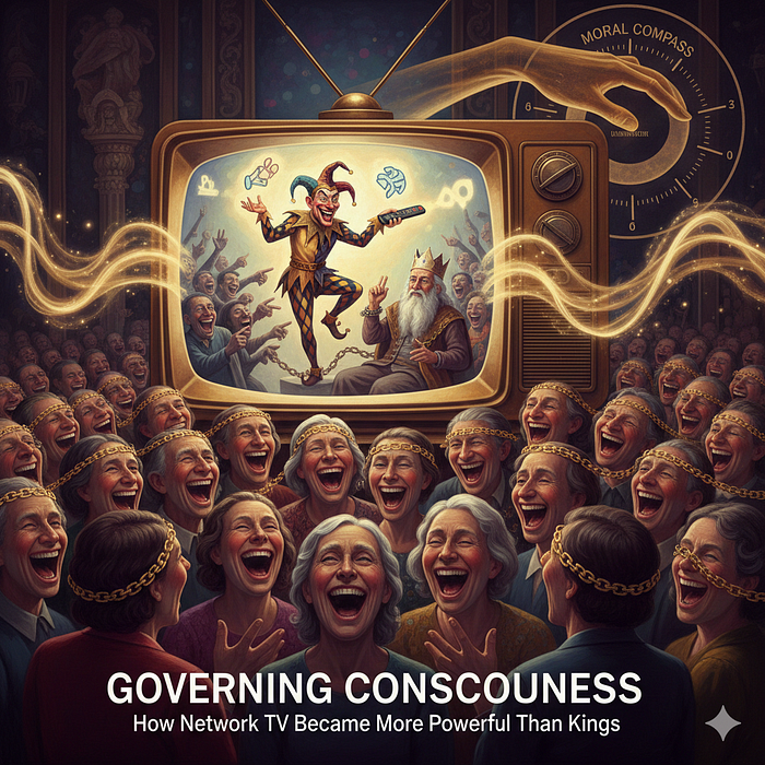 Illustration depicting the moral weight of media influence - symbolizing how laugh tracks and television shape consciousness