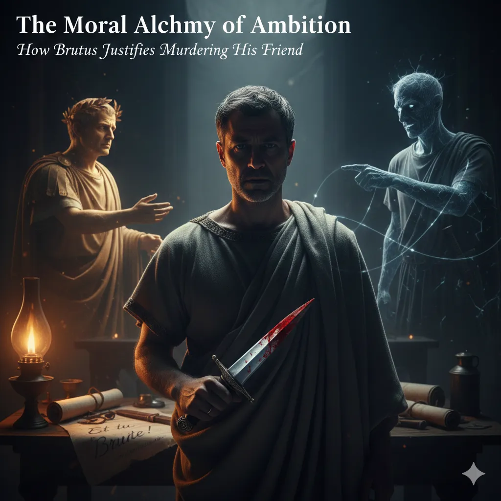 Dramatic illustration evoking Julius Caesar - representing the moral alchemy of ambition and Brutus's rationalization