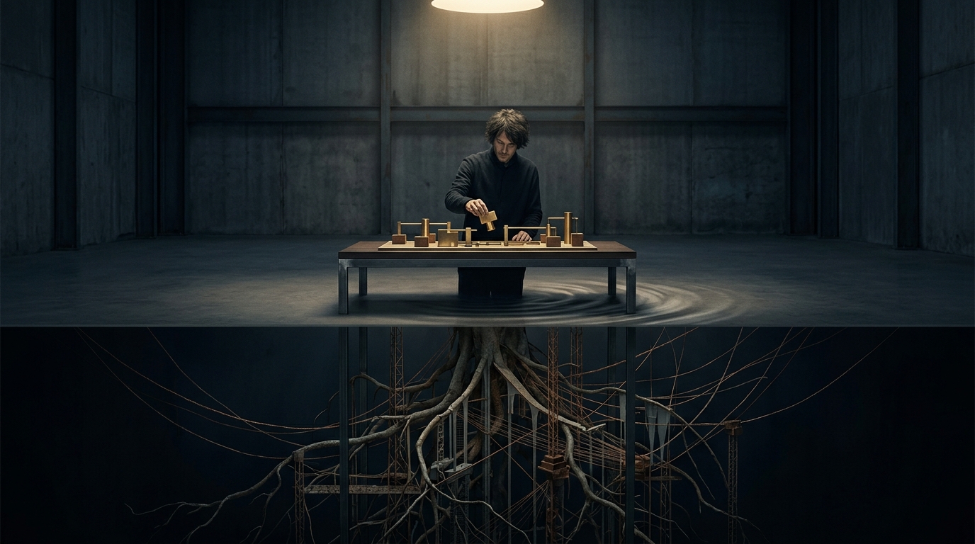 A person arranges wooden pieces on a table above a hidden network of roots, cables, and structures extending beneath the floor.