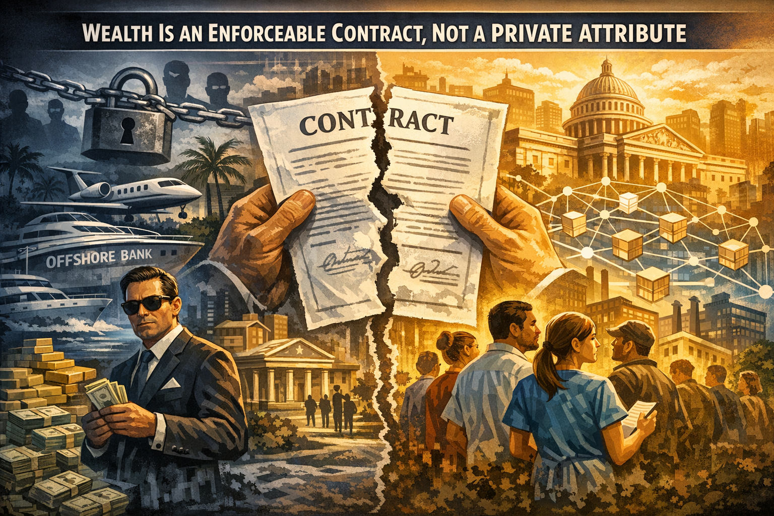 Dramatic split image showing wealth as a torn contract: on the left, wealthy figures with offshore banks and opacity; on the right, ordinary citizens in transparent accountability. The title 'Wealth Is an Enforceable Contract, Not a Private Attribute' spans the top