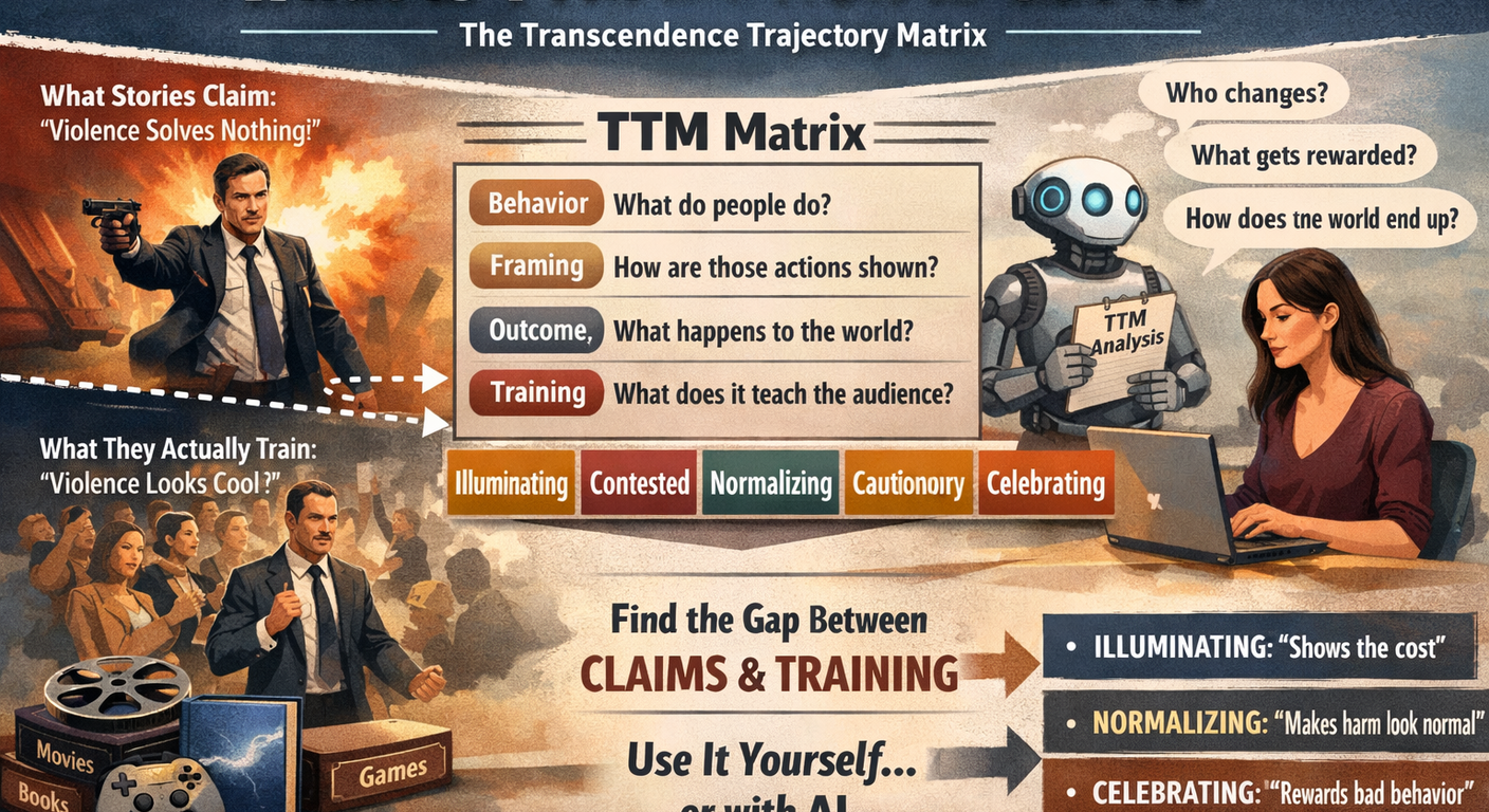 Visual guide to the Transcendence Trajectory Matrix - showing the gap between what stories claim and what they actually train